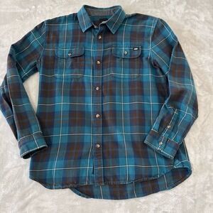 VANS Boys XL Teal Blue Brown Plaid Lightweight Flannel‎ Button Down Shirt